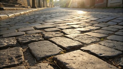 Aufkleber - A cobblestone street, illuminated by the warm glow of the setting sun, invites a journey into the unknown, with each uneven stone promising a story waiting to be discovered.