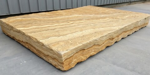 Poster - A large, rectangular slab of layered, tan sandstone with visible striations and a rough texture resting on a gray concrete surface
