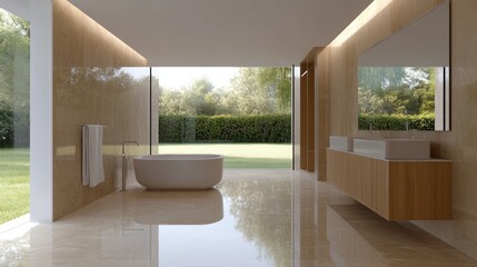 Wall Mural - Spacious bathroom blends elegance with nature, showcasing a freestanding tub beneath large windows that frame lush greenery outside, illuminated by soft overhead lights