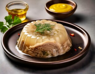 A serving of traditional Russian aspic 'kholodets' with tender jellied meat, garlic, and herbs, served with a side of spicy mustard