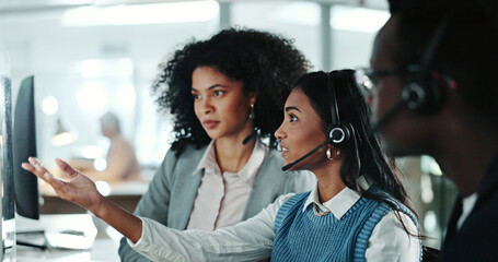Aufkleber - People, call center and advice with customer support, training and help for computer teamwork. Collaboration, communication and employees with CRM service, online consulting and b2b problem solving