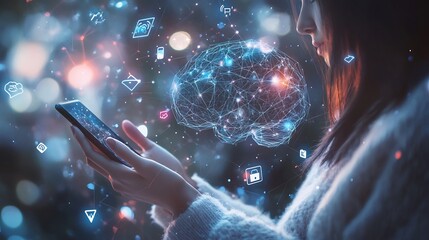 Canvas Print - Woman using phone, AI brain holographic projection.