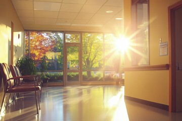 Wall Mural - Sunlit waiting area; autumnal view, chairs, polished floor.