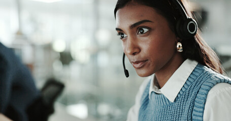 Poster - Call center, consulting and face of Indian woman with headset in support office for customer service. Contact us, feedback and problem solving with person in workplace for advice or virtual help