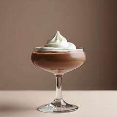 mocha mousse color dessert with arranged white cream topping in a bowl standing on the table