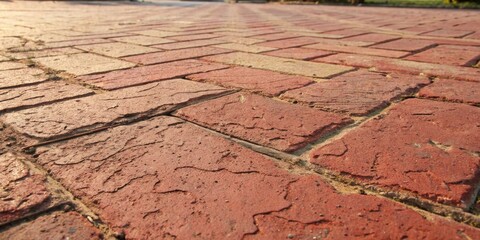 Poster - A Close-Up View of a Brick Pathway with a Pattern of Interlocking Red and Yellow Bricks