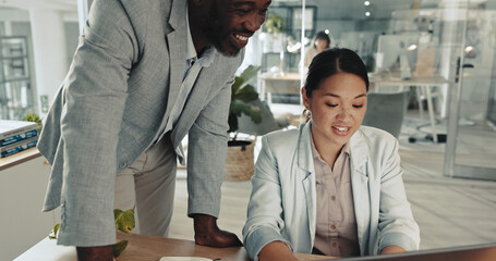 Poster - Collaboration, laptop and training with business people at desk in office together for assistance. Computer, feedback or review with mentor and employee in workplace for conversation or discussion