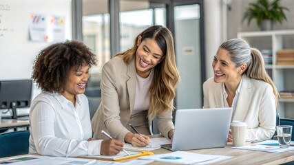Wall Mural - happy business women meeting team discussion conversation collaboration office desk female people em