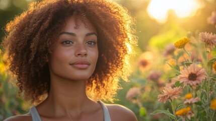 Aufkleber - A woman with curly hair stands in a vibrant flower field. Sunlight filters through the blooms, creating a serene atmosphere. She appears content and connected to nature.