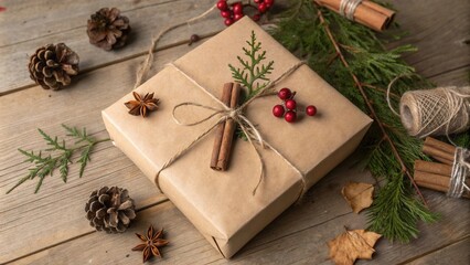 Poster - A Rustic Christmas Gift Wrapped in Brown Paper and Adorned with Twine, Cinnamon Sticks, Pine Sprigs, Star Anise, and Red Berries