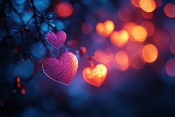 Poster - Abstract colorful hearts in glowing bokeh patterns, creating depth and vibrancy for digital projects.