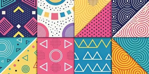 Fototapete - A vibrant composition of geometric shapes and patterns arranged in a grid, featuring bold colors and contrasting lines.