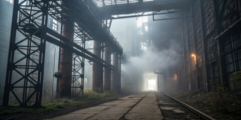 Poster - A forgotten industrial pathway obscured by fog, leading through a labyrinth of steel structures and concrete