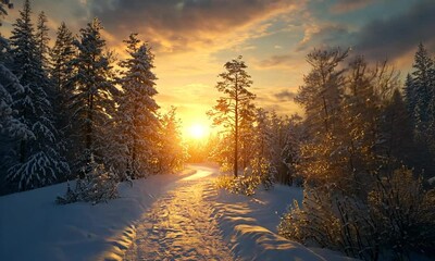 Wall Mural - a serene winter scene at sunset with snow covered trees