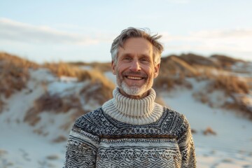 portrait of a joyful man in his 50s wearing a cozy sweater isolated in serene dune landscape backgro
