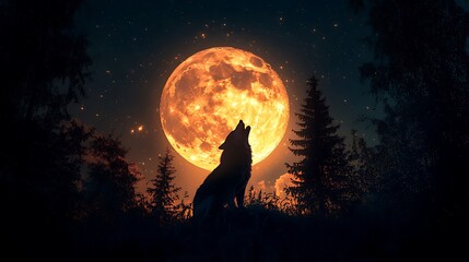 wolf howling silhouette framed by a full moon gradient