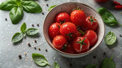 Wall Mural - A bowl of fresh, red, juicy tomatoes surrounded by fragrant basil leaves and speckled with peppercorns and salt crystals.