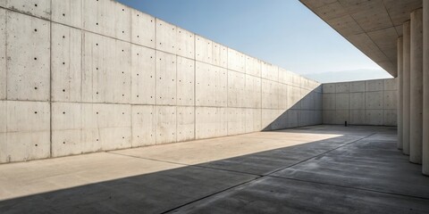 Poster - A Minimalist Concrete Courtyard with a Large Wall and Columns Casting Shadows in the Sunlight