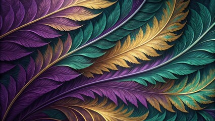 Wall Mural - Abstract Feather Pattern with Green, Gold, and Purple Hues