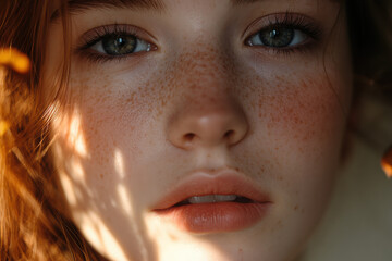 Wall Mural - A close-up portrait of a young woman with freckles and natural beauty, softly lit.