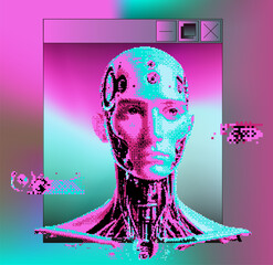 Aufkleber - Humanoid robot face with glitchy pixel artifacts. Conceptual vector illustration of the fusion of technology and humankind.