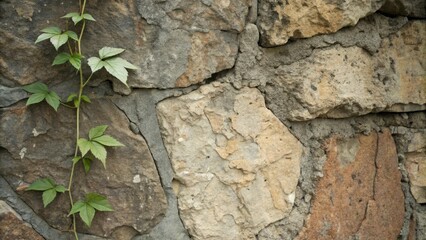 Aufkleber - A delicate green vine climbs a weathered stone wall, its leaves reaching for the sun, showcasing the contrast between the ruggedness of nature and the resilience of life.