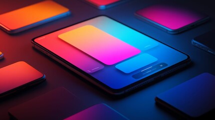 Neon-lit phone, colorful interface, surrounding devices.