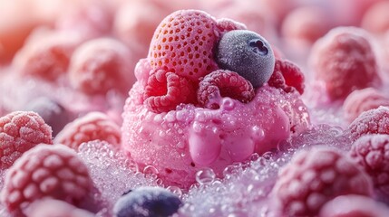 Wall Mural - Frozen berries and creamy pink dessert with frosty texture