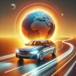 © Владимир Стеблев - 3d car sedan rides on the road to meet the sun, concept 3d render for advertising auto products