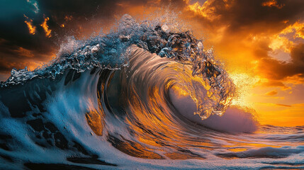 Poster - A dramatic ocean wave illuminated by a vibrant sunset, capturing nature's beauty.