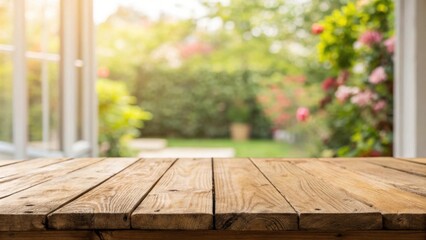 Poster - Rustic Wooden Tabletop Against a Softly Blurred Background of Lush Greenery and Sunlight Filtering Through a Window
