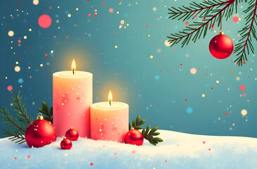 Wall Mural - candles and christmas ornaments on snow illustration on blue background