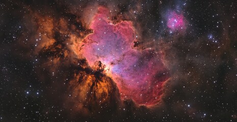 Wall Mural -  Detailansicht eines kosmischen Nebels mit leuchtenden Rosa- und Goldtönen,  Detailed view of a cosmic nebula with luminous pink and gold tones
