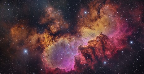 Wall Mural -  Detailansicht eines kosmischen Nebels mit leuchtenden Rosa- und Goldtönen,  Detailed view of a cosmic nebula with luminous pink and gold tones