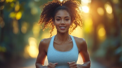 Aufkleber - A young woman with curly hair runs along a sunlit forest path. She wears a light tank top and shows a joyful expression while jogging in the early morning light.