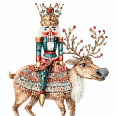 Wall Mural - Festive Nutcracker Riding Reindeer in Watercolor Style