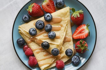 Wall Mural - fresh homemade crepes served on a plate with strawberries and blueberries