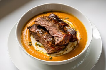 Wall Mural - homemade pumpkin cream soup and a smoked short rib