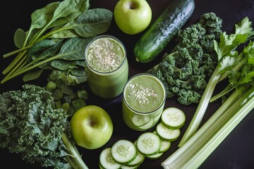 Poster - A photo of green detox smoothies and their ingredients isolated on a black background.