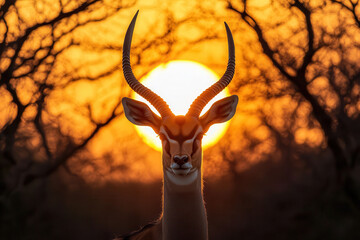 Canvas Print - A majestic antelope silhouetted against a vibrant sunset.