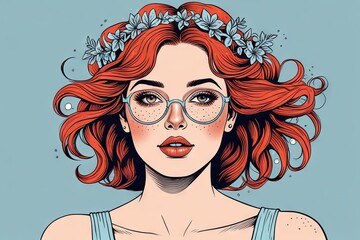 Wall Mural - Portrait of a young woman with vibrant red hair and floral crown enjoying a summer day