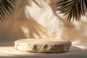 Wall Mural - A minimalist stone pedestal surrounded by palm leaves against a soft, neutral background.