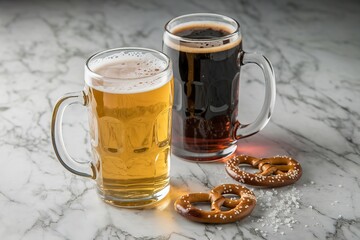 a light and dark craft beer in glass mugs, isolated on a marble background