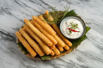 Wall Mural - a platter of golden-brown, crispy fried  cheese sticks