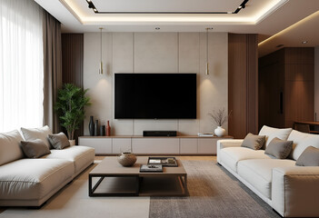 contemporary room with large sectional sofa, lcd tv panel, neutral tones, and modern decor accents. 