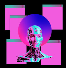 Aufkleber - A humanoid pixel-style robot with many open app windows behind it.