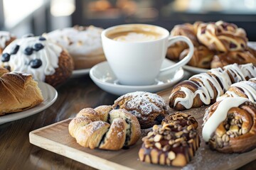 Wall Mural - A modern café scene with gluten-free pastries. featuring a variety of baked goods and a cup of coffee. emphasizing taste and dietary needs. Ideal for café promotions