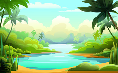 Wall Mural - sandy bank in river. jungle forest. palm trees and tropical plants. southern thicket. nature view. b