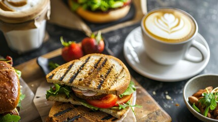 Wall Mural - A modern café with gluten-free sandwiches. featuring fresh ingredients and a cup of coffee. promoting taste and dietary needs. Ideal for café promotions