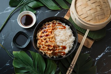 Wall Mural - noodles and rice with teriyaki sauce and soy sauce in a wooden steamer